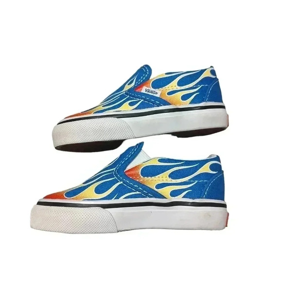 Vans Shoes Kids 4.5 Classic Slip On Blue Flame Fire Canvas Low Top Sneaker - Picture 5 of 5